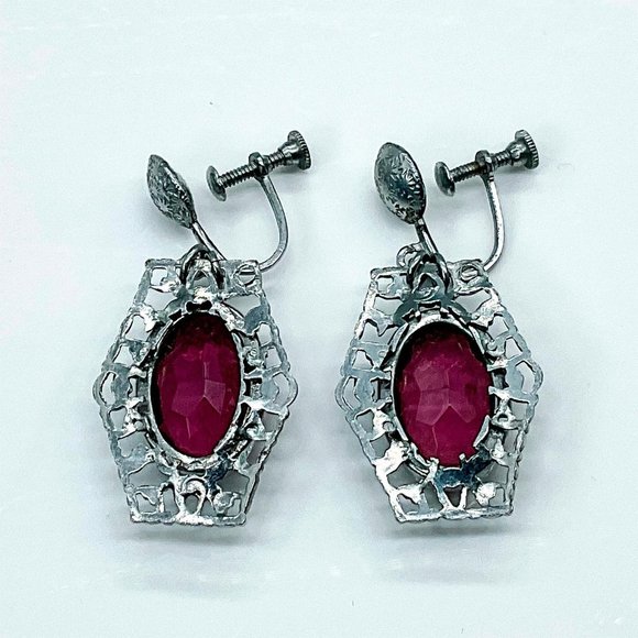 Vintage Purple Gemstone Earrings, Silver Tone Filigree Design, Screw Back - Picture 3 of 3